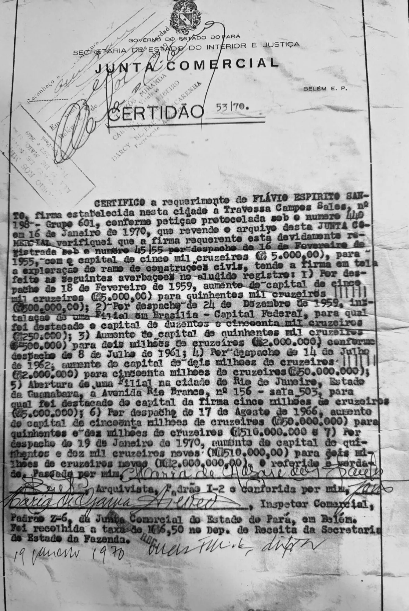 Certidão da Junta Comercial do Pará, de 1970, com o registro da firma em 16 de fevereiro de 1955 e as filiais em Brasília e no Rio de Janeiro.